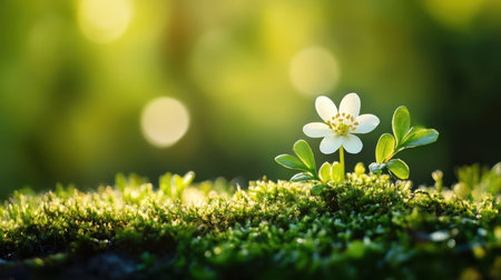 A delicate white flower emerges from vibrant green moss, showcasing nature's beauty and resilience in a harmonious ecosystem,.の素材
