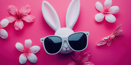 A stylish bunny wearing sunglasses surrounded by flowers on a vibrant pink background for Easter ,.,の素材