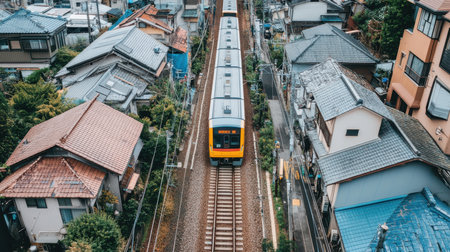 Arafly gazes down at a train traveling along tracks, framed by an urban landscape showcasing the fusion of technology and city life,.の素材