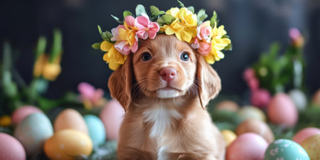 Adorable puppy wearing a flower crown, perfect for a joyful Easter celebration ,.,の素材