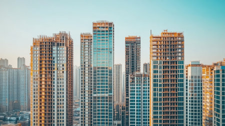 A bustling city skyline featuring numerous tall buildings, showcasing modern architecture and urban development against a clear sky backdrop,.の素材