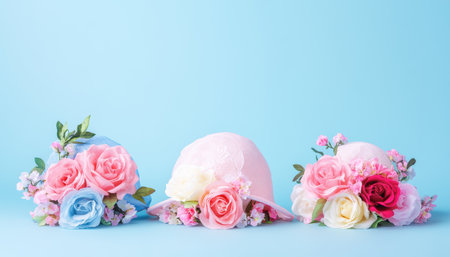 Three pastel flowers sit beautifully on a blue surface, perfect for Easter decoration ,.,の素材