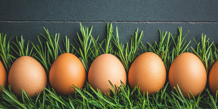 A close-up view of colorful eggs nestled in fresh green grass ,.,の素材