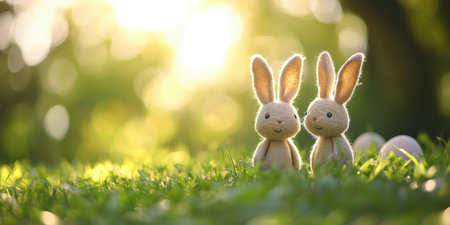 Two small stuffed animals rest peacefully in a grassy field, evoking a sense of joy and innocence ,.,の素材