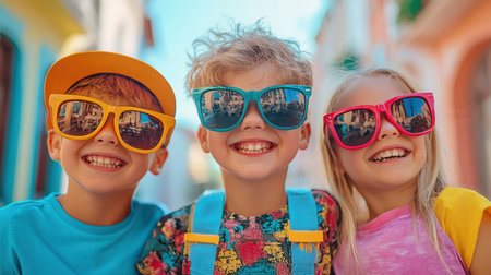 Three children sport sunglasses and backpacks while posing joyfully for a cheerful picture in a playful outdoor setting.の素材