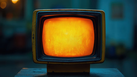 A small television is placed on a table, featuring a soft-focus background that enhances the simplicity of the scene,.の素材