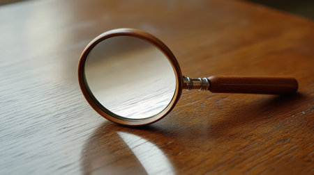 A magnifying glass rests on a rustic wooden table, highlighting its intricate details and inviting exploration of the surrounding environment,.の素材
