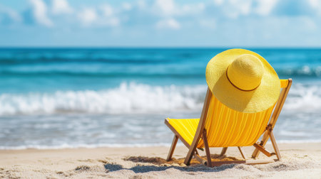 A vibrant yellow chair adorned with a matching yellow hat, positioned on a sandy beach, creating a lively and inviting coastal scene.の素材