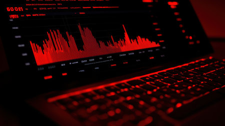 A focused image of a laptop computer illuminated by a striking red light, highlighting its sleek design and modern features,.の素材