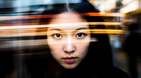 A womanâs portrait features a blurred face, creating an intriguing and mysterious visual effect that invites curiosity and interpretation.の素材