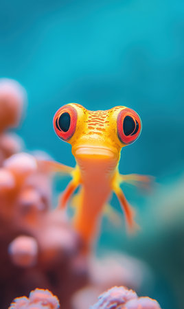 A yellow fish with large eyes and a red nose swimming in water.の素材