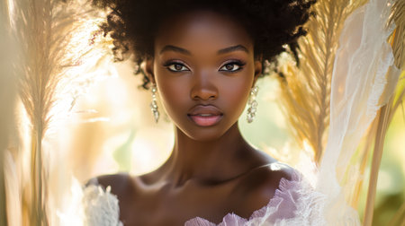 Woman with large afro in a wedding dress, exuding elegance and style.の素材
