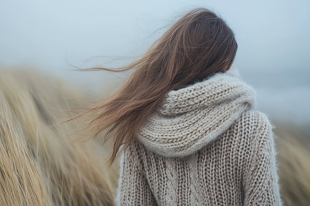 Woman in a sweater stands in a grassy field under a clear sky.の素材