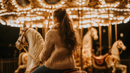 A giraffe rides a horse on a carousel under the stars at night.の素材