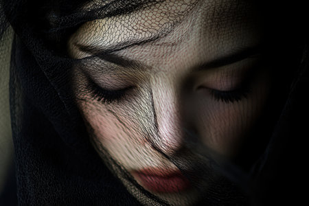 Woman in black veil with red lips gazes downward, exuding mystery and elegance.の素材