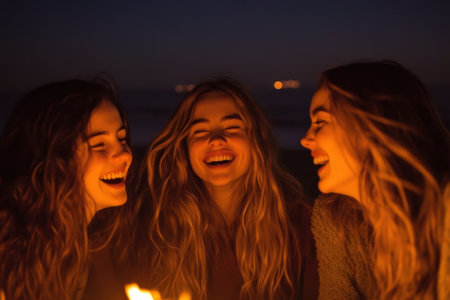 Three women celebrate joyfully with candles and a cake, sharing laughter and happiness together.の素材