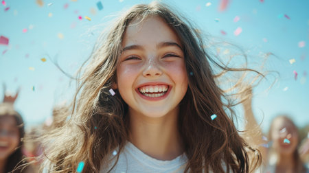 A cheerful girl with long hair is smiling as colorful confetti falls around her, creating a festive and joyful atmosphere.の素材