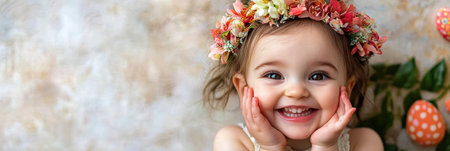 A cheerful girl wears a flower crown, celebrating the joy of Easter with vibrant colors and happiness .,の素材