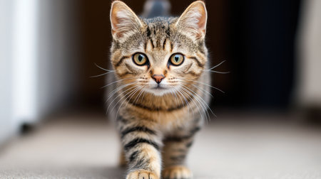 A curious cat strolls across the floor, gazing directly at the camera with an inquisitive expression, capturing a moment of feline charm.の素材