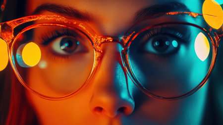 A woman wearing glasses is prominently featured, with a softly blurred background that enhances her focus and presence in the image.の素材