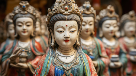 A row of elegant statues depicting Asian women showcases intricate details and cultural significance, highlighting artistry and craftsmanship in one captivating display.の素材