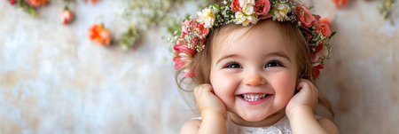 A little girl with a flower crown enjoys the joyful spirit of Easter celebrations .,の素材