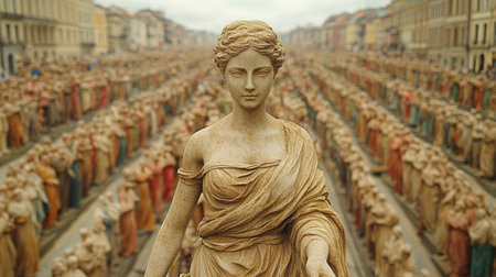 A graceful statue depicts a woman elegantly holding a basket filled with vibrant flowers, showcasing artistry and beauty in sculpture.の素材