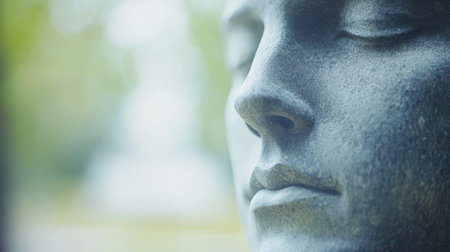 A detailed close-up of a statue depicting a man with closed eyes, capturing the essence of tranquility and contemplation in artistry.の素材
