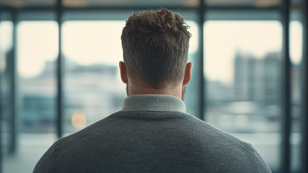 A man stands by a window, gazing outside, deep in thought, as natural light illuminates the scene, creating a contemplative atmosphere.の素材