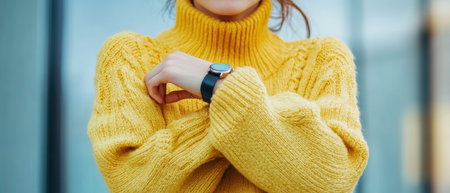 A giraffe in a stylish yellow sweater and black watch poses for the camera.の素材