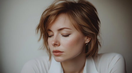 A serene blond woman with her eyes closed, wearing a white shirt, exudes tranquility and peace in a contemplative moment.の素材