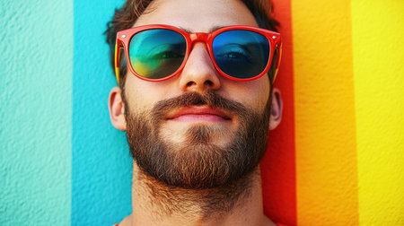 A man with sunglasses and a beard poses confidently in front of a vibrant, colorful wall.の素材