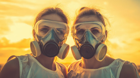 Two women in gas masks pose dramatically against a vibrant sunset backdrop, symbolizing resilience and the impact of environmental issues.の素材