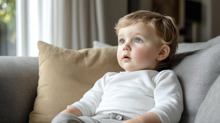 A baby sits comfortably on a couch, holding a remote control, showcasing a moment of playful curiosity and innocence.の素材