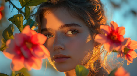 A woman gazes at the camera, adorned with vibrant flowers in her hair, exuding beauty and confidence in a serene setting.の素材