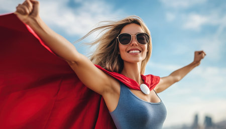 Woman in a red cape and sunglasses stands with arms outstretched, exuding confidence and style.の素材