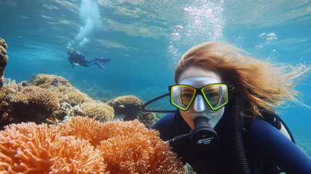 Woman in scuba suit observes vibrant coral underwater.の素材