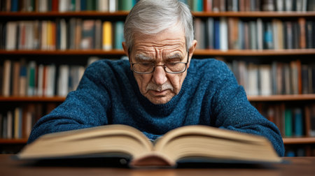 An elderly man engrossed in a book within a library, surrounded by shelves filled with various books in the background.の素材