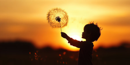 Child with dandelion against a vibrant sunset backdrop, capturing innocence and nature's beauty.の素材