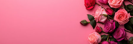 A vibrant display of roses on a pink background, perfect for adding personalized text.の素材
