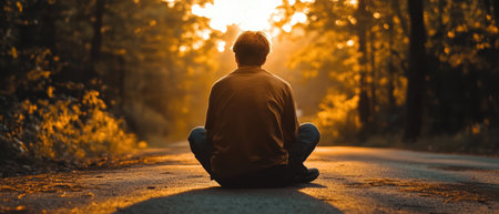 A man rests on a road surrounded by dense woods, embodying solitude and tranquility.の素材