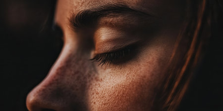 A close-up of a woman's face with her eyes gently closed, conveying tranquility and serenity.の素材
