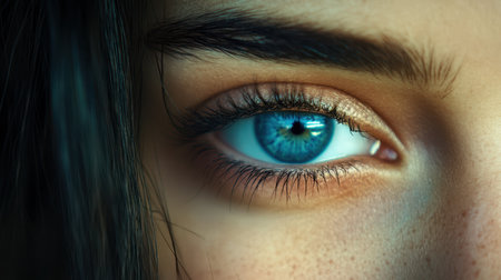 A close-up view of a woman's striking blue eye, showcasing intricate details and captivating colors that highlight its beauty and depth.の素材