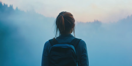 A woman with a backpack stands in front of a foggy forest landscape.の素材
