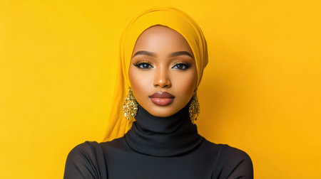 Young woman in hijab poses gracefully against a vibrant yellow background.の素材