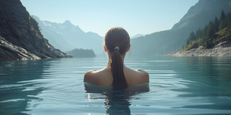 A woman swims gracefully in the clear water under the sun.の素材