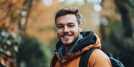 Happy man wearing a yellow jacket and carrying a backpack outdoors.の素材