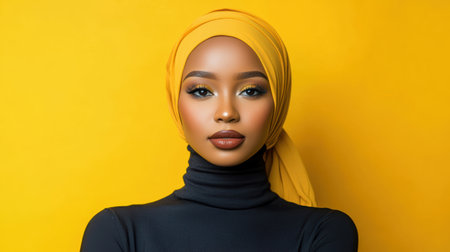 A stunning young woman in a hijab and black turtleneck top poses gracefully for a portrait.の素材