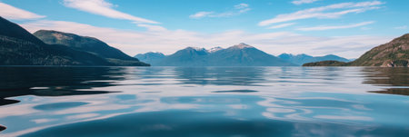 Mountains mirror beautifully in the calm waters of a serene lake,.の素材