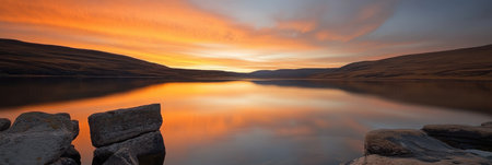 Aerial view of a serene lake surrounded by rocks under a vibrant sunset sky,.の素材